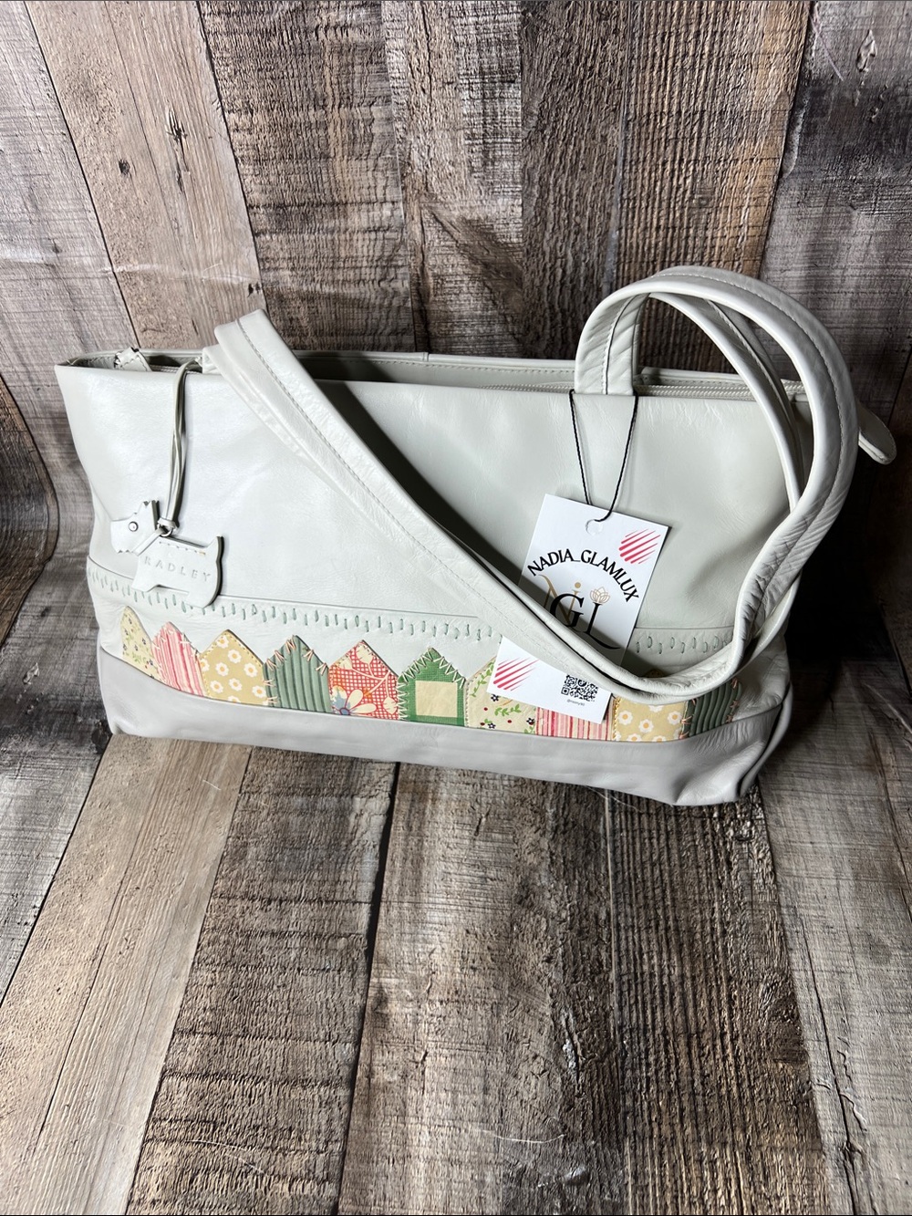 RADLEY LONDON Cream Leather Shoulder Bag with Multicolor Patch Trim